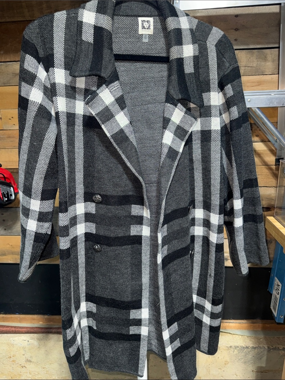 Anne Klein Black & White Plaid Long Open-Front Trench Coat 2X